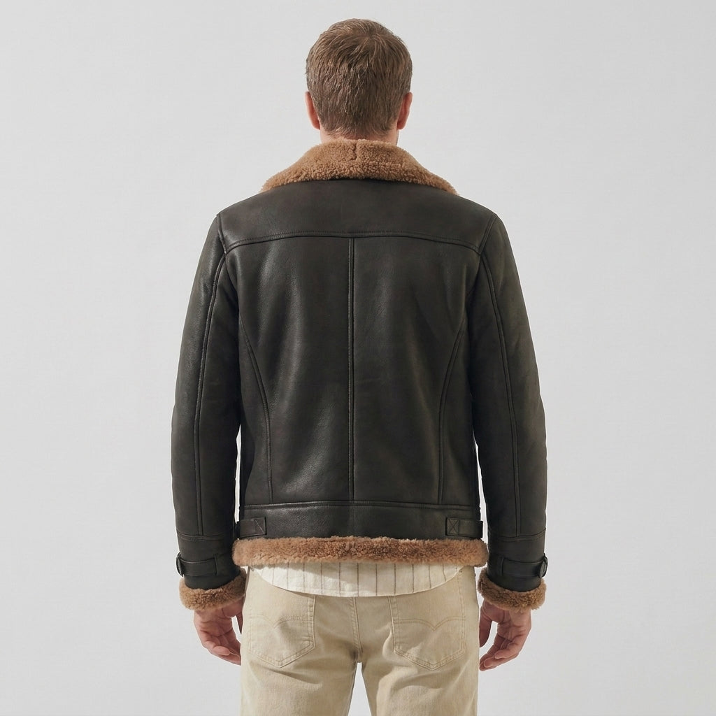 Men's Black Leather Shearling Jacket – Brown Sheepskin Collar