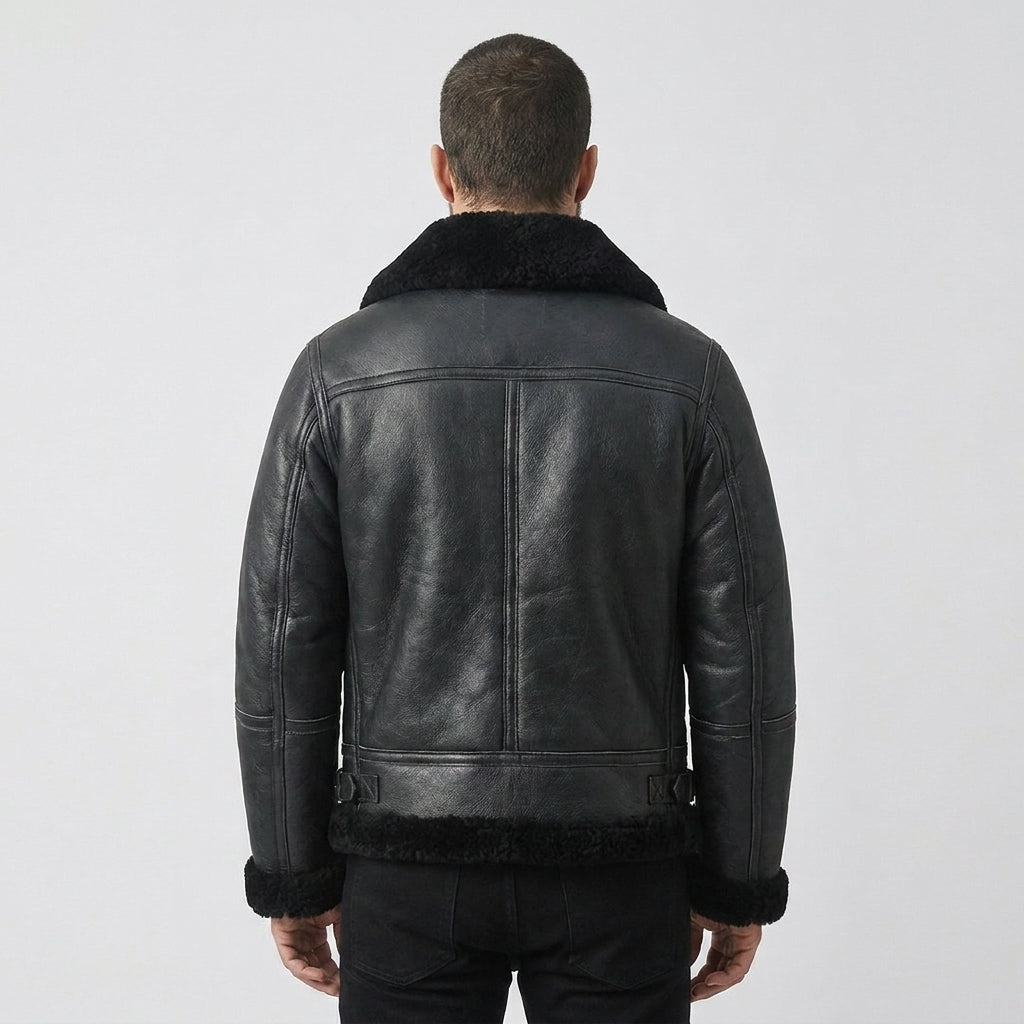 Men's Black Shearling Leather Jacket with Shearling Fur