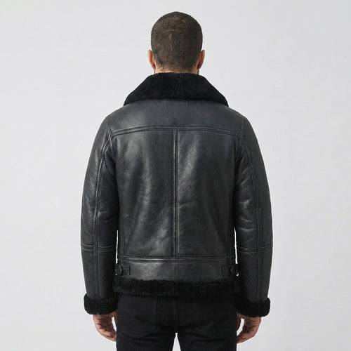 Men's Black Shearling Leather Jacket with Shearling Fur