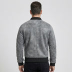 Men's Grey Shearling Jacket with Black Leather Patch Pockets