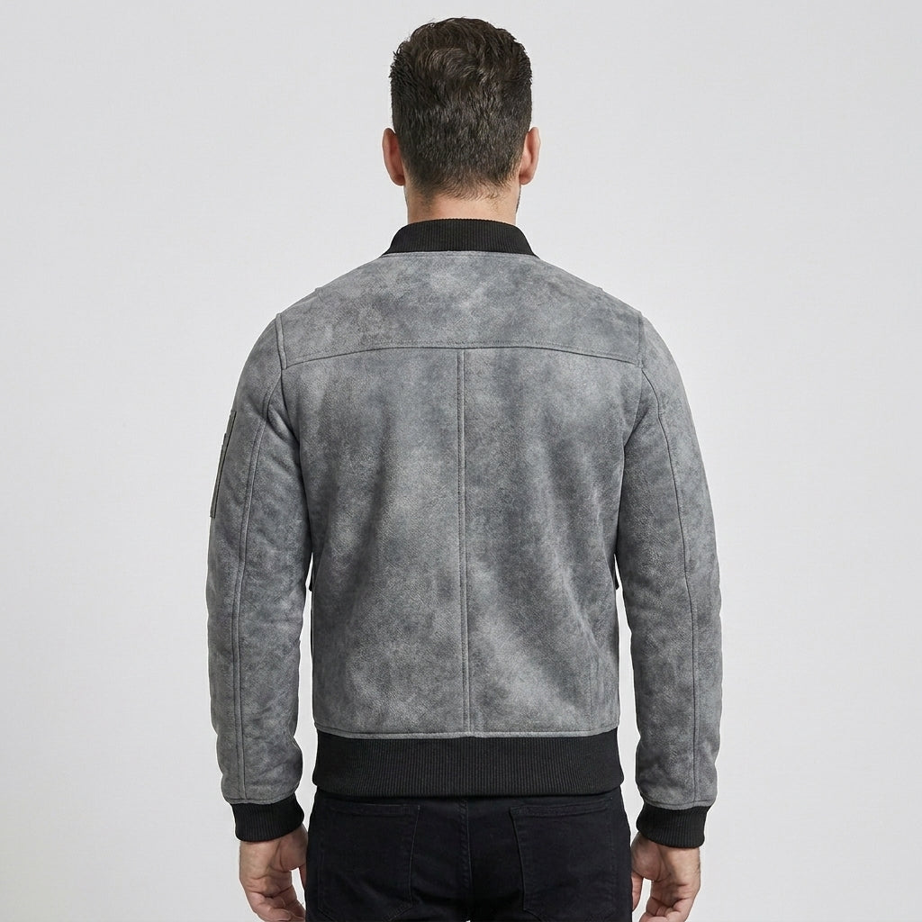 Men's Grey Shearling Jacket with Black Leather Patch Pockets