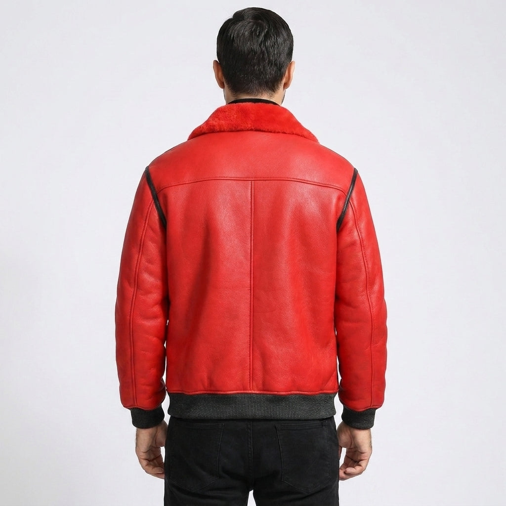 Men's Red Shearling Jacket with Black Trim & Buckle Collar