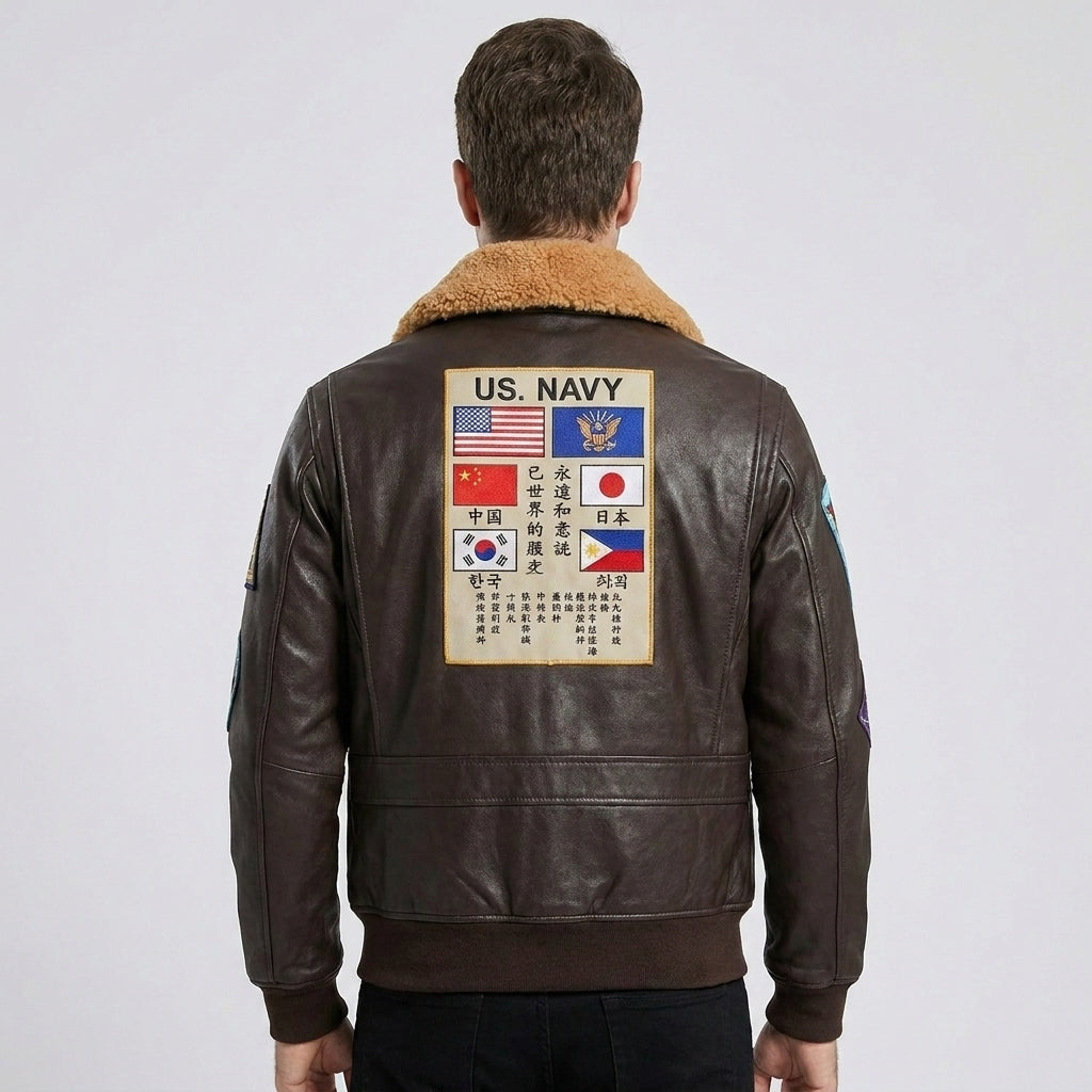Men's Leather Jacket with Removable Mouton Shearling Collar