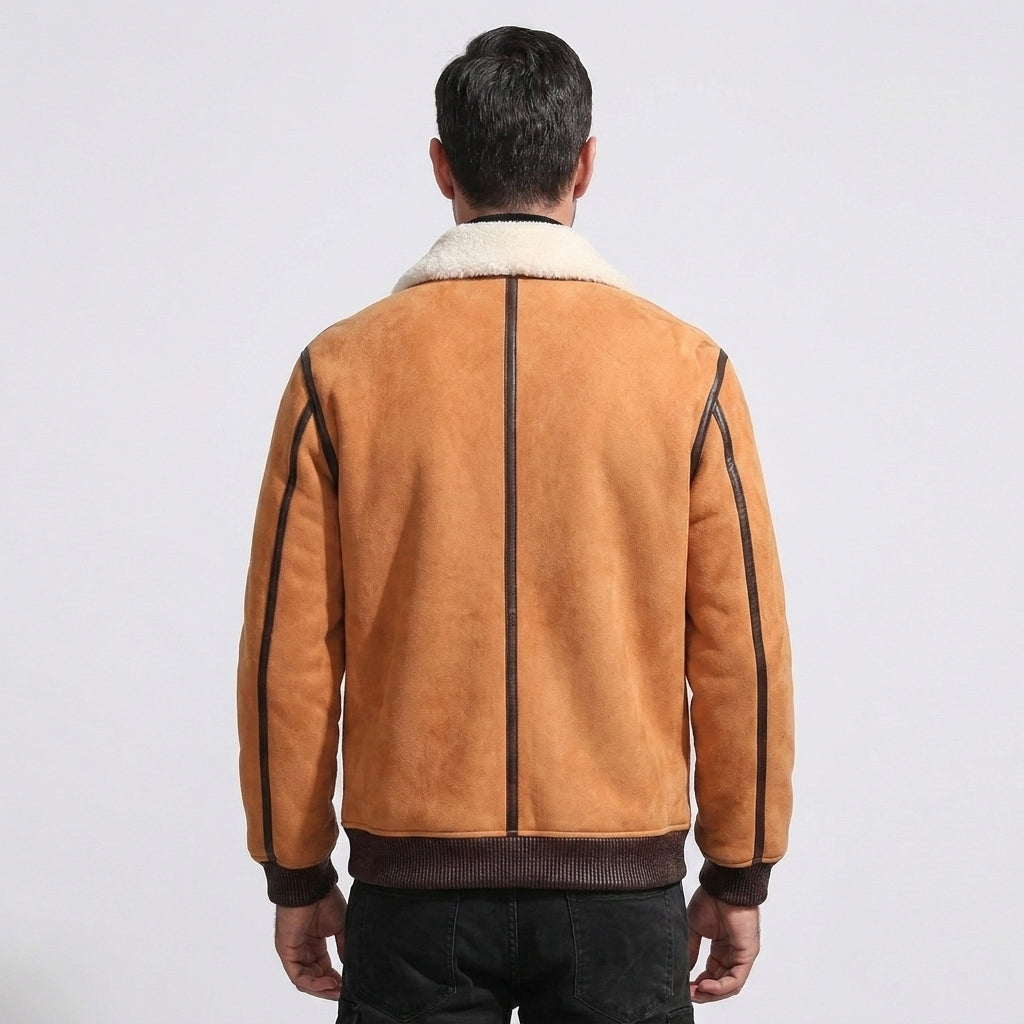 Men's Suede Shearling Aviator Jacket with White Collar