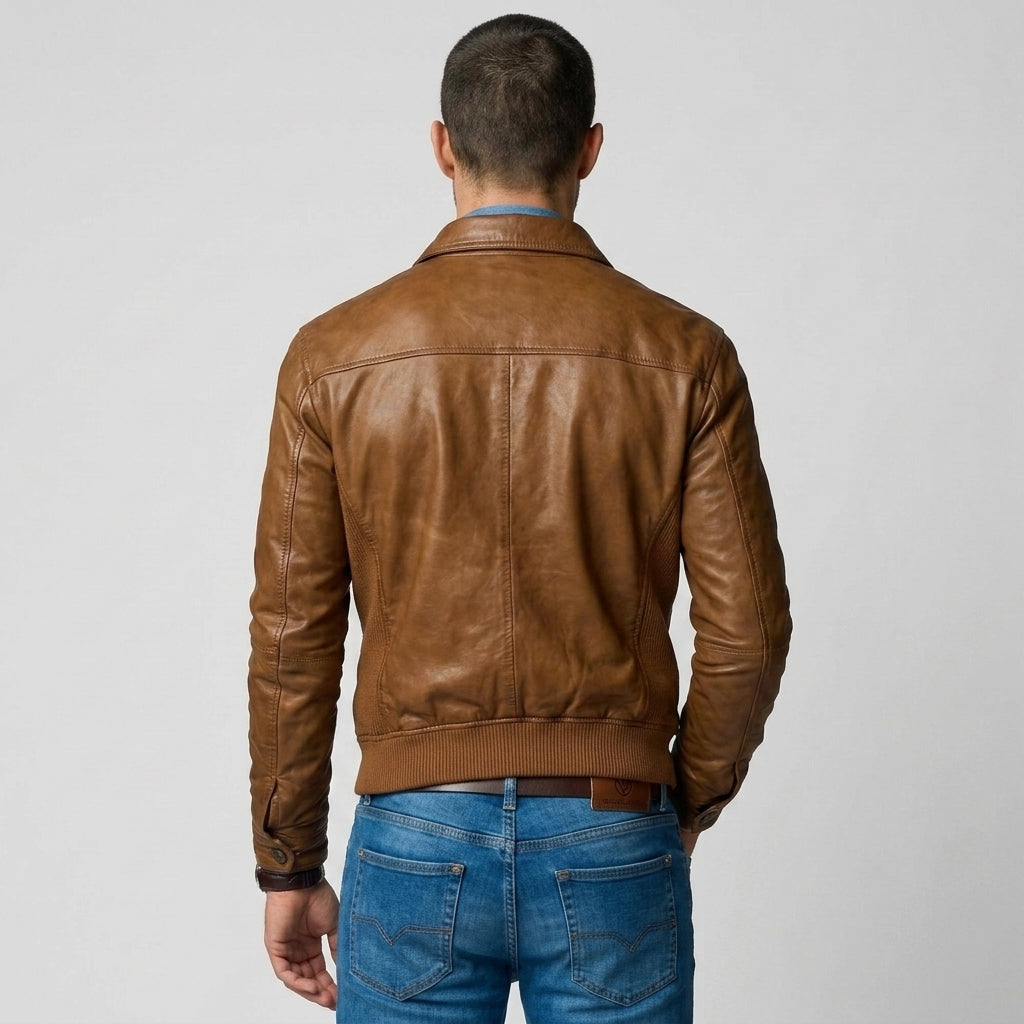 Men's Brown Lambskin Leather Bomber Jacket with Shirt Collar