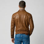 Men's Brown Lambskin Leather Bomber Jacket with Shirt Collar