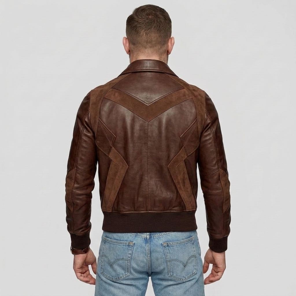 Men's Brown Leather Bomber Jacket with Dark Suede Panels