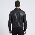 Men's Military Leather Bomber Jacket with Spread Collar & Ribbed Cuffs