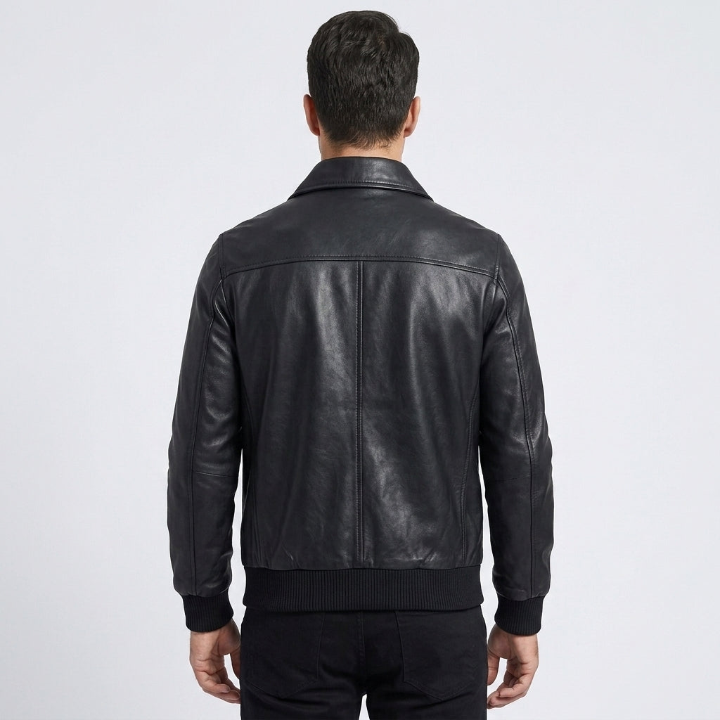 Men's Military Leather Bomber Jacket with Spread Collar & Ribbed Cuffs