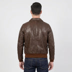 Men's Brown Lightweight Leather Flight Bomber Jacket with Ribbed Waistband