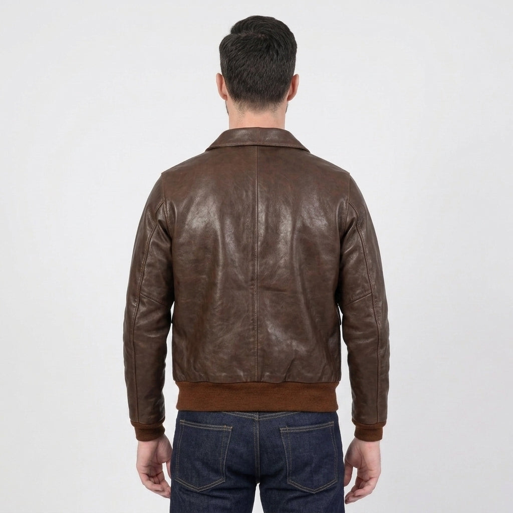 Men's Brown Lightweight Leather Flight Bomber Jacket with Ribbed Waistband