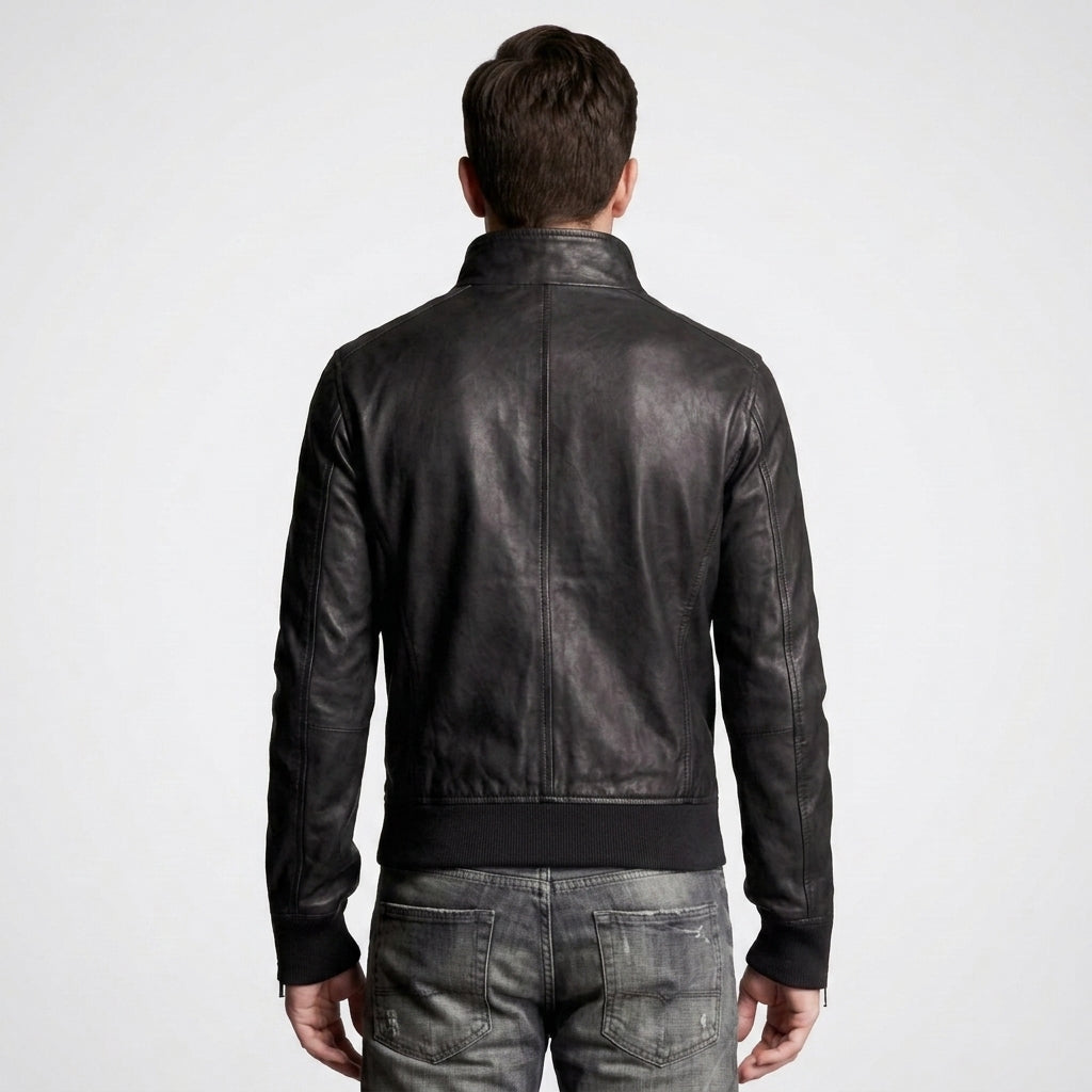 Men's Stylish Sheepskin Leather Bomber Jacket with Stand Collar