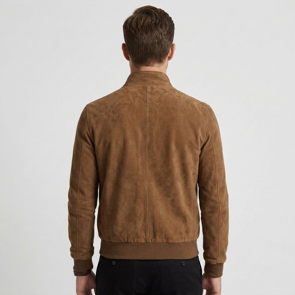 Men's Classic Suede Bomber Jacket with Stand Collar & Ribbed Trim