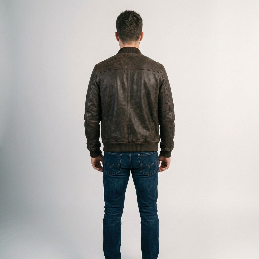 Men's Brown Distressed Leather Bomber Jacket