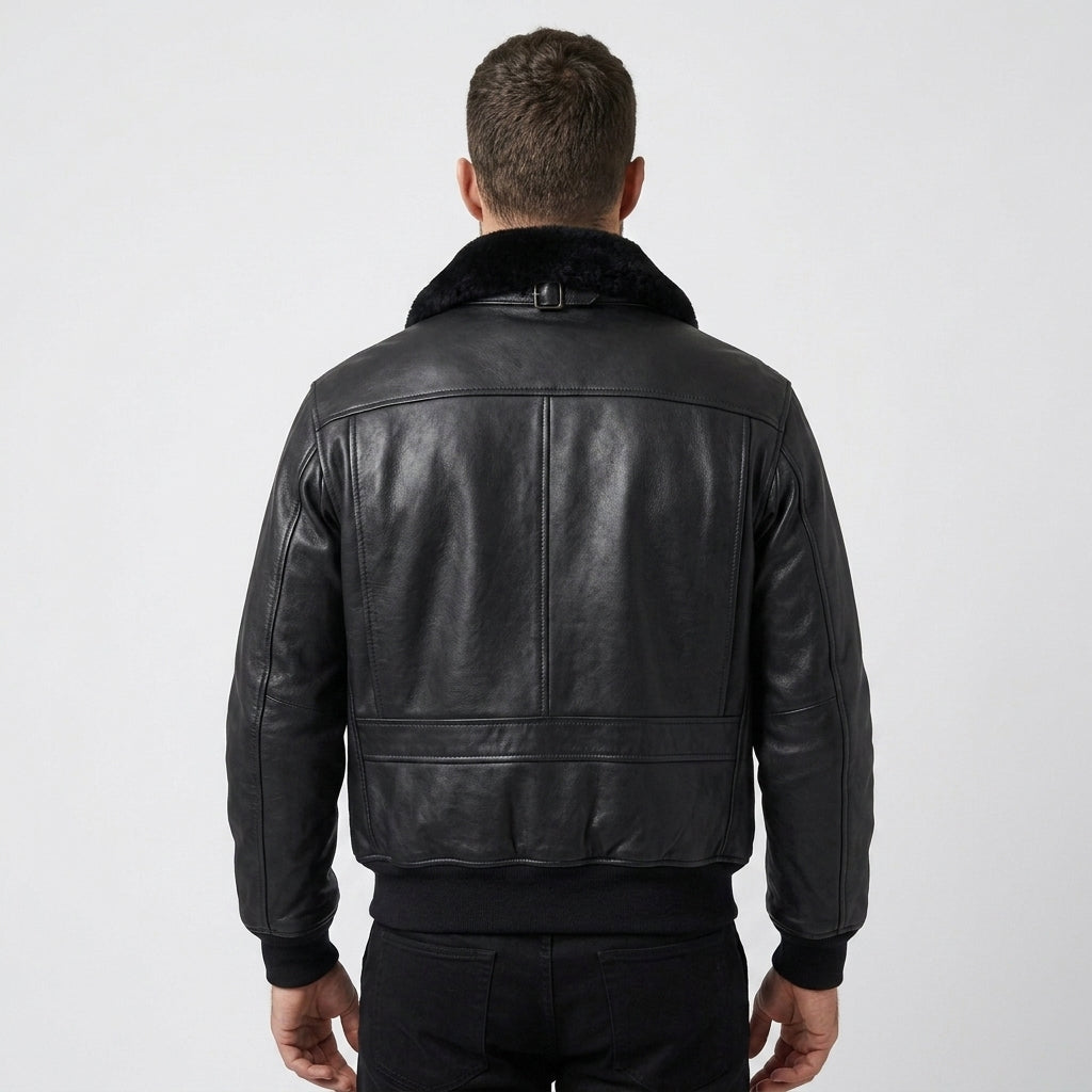 Men's Black Leather Flight Jacket with Removable Mouton Fur Collar