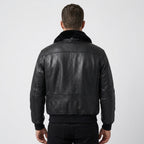 Men's Black Leather Flight Jacket with Removable Mouton Fur Collar