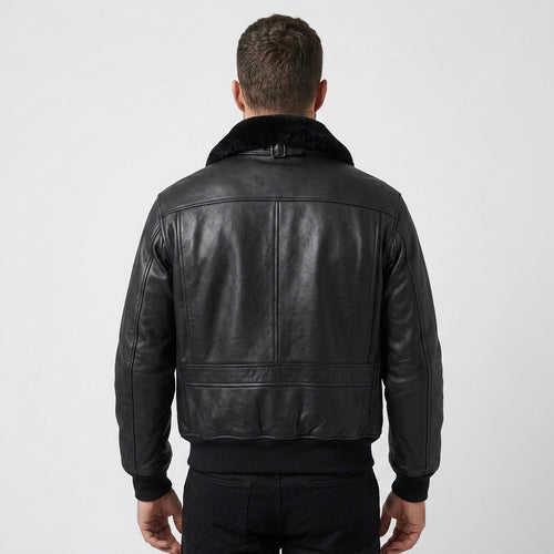 Men's Black Leather Flight Jacket with Removable Mouton Fur Collar