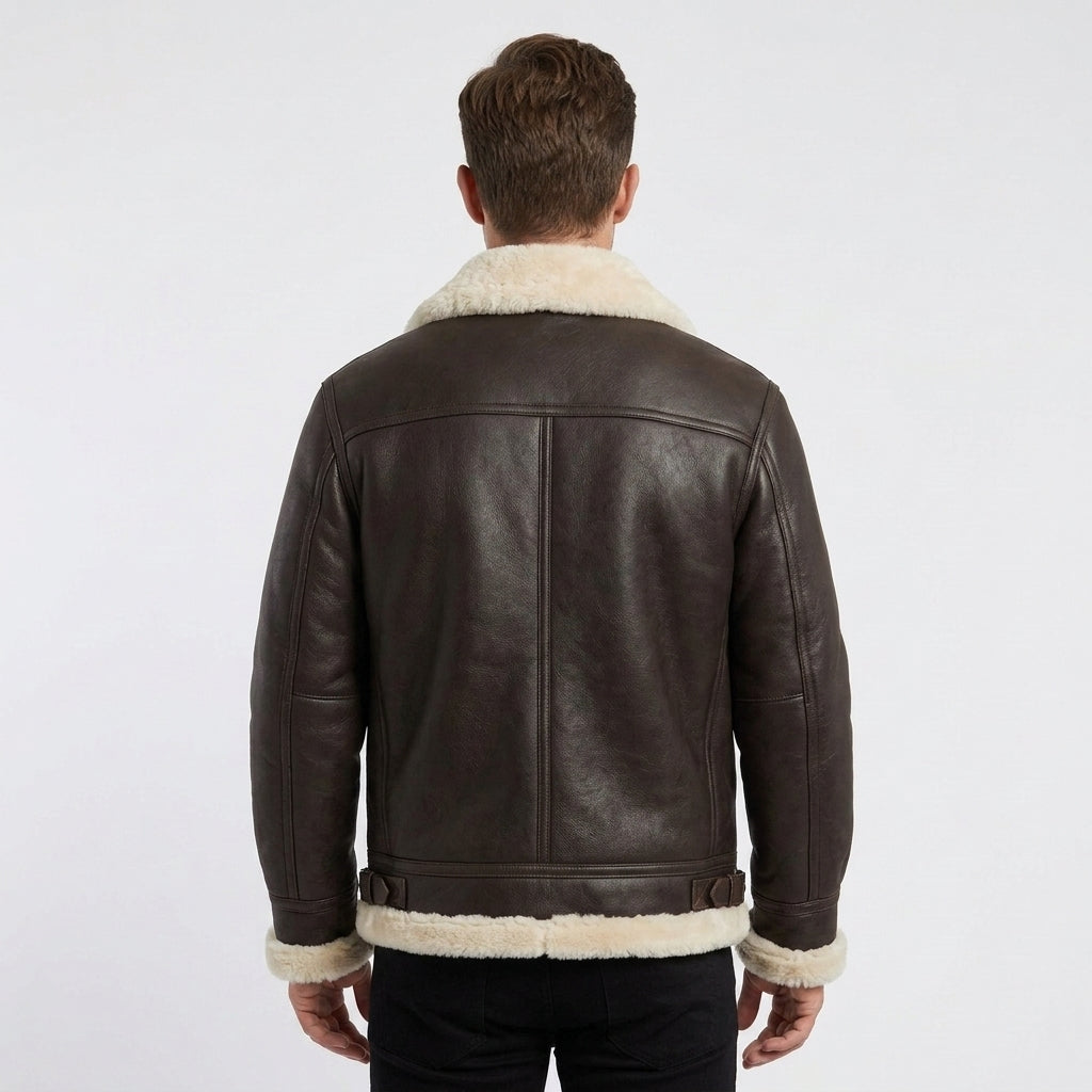 Men's Brown Sheepskin Flight Jacket with Cream Shearling Lining