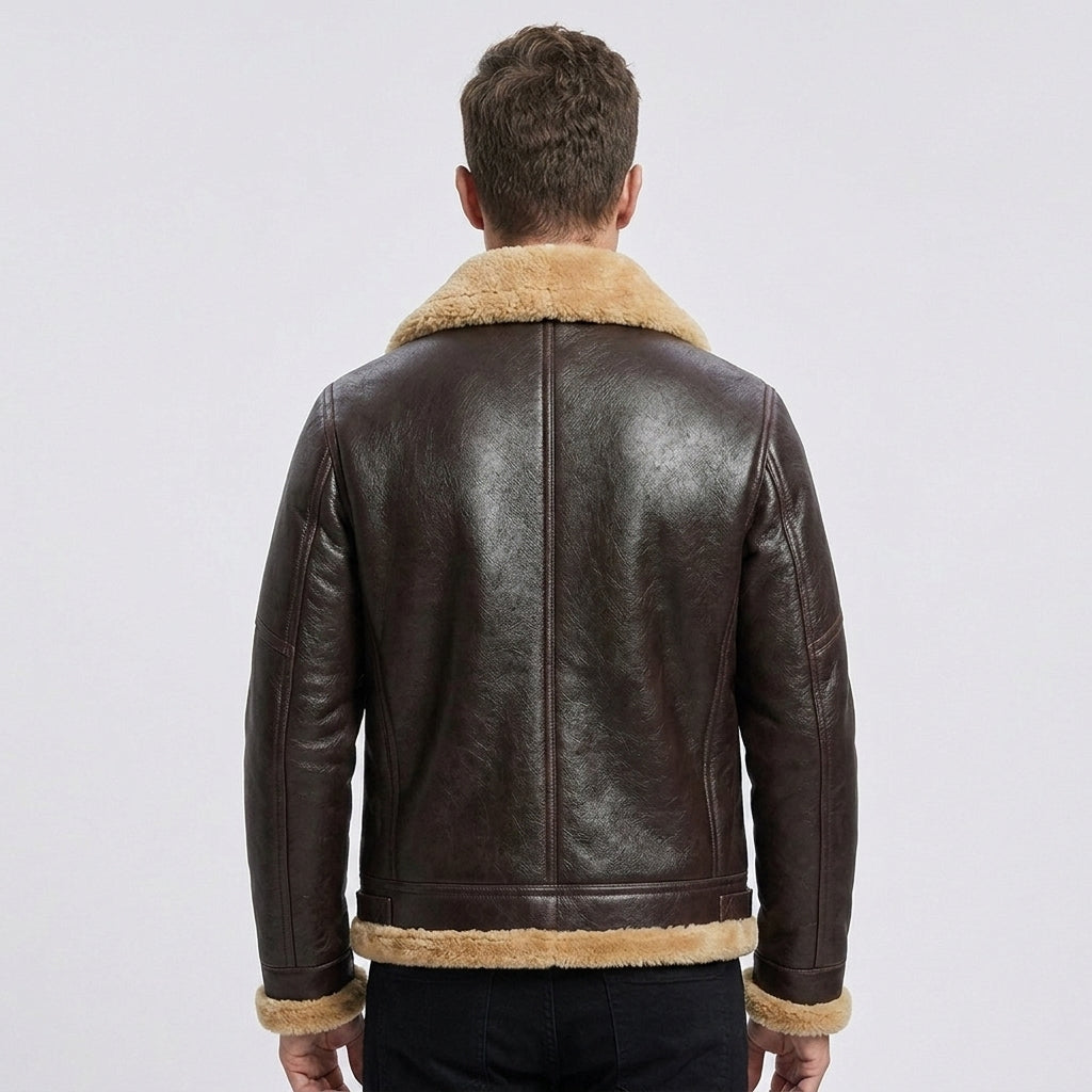 Men's Dark Brown Leather Flight Jacket with Tan Shearling Collar