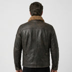 Men's Black Leather Flight Jacket Collar & Pockets