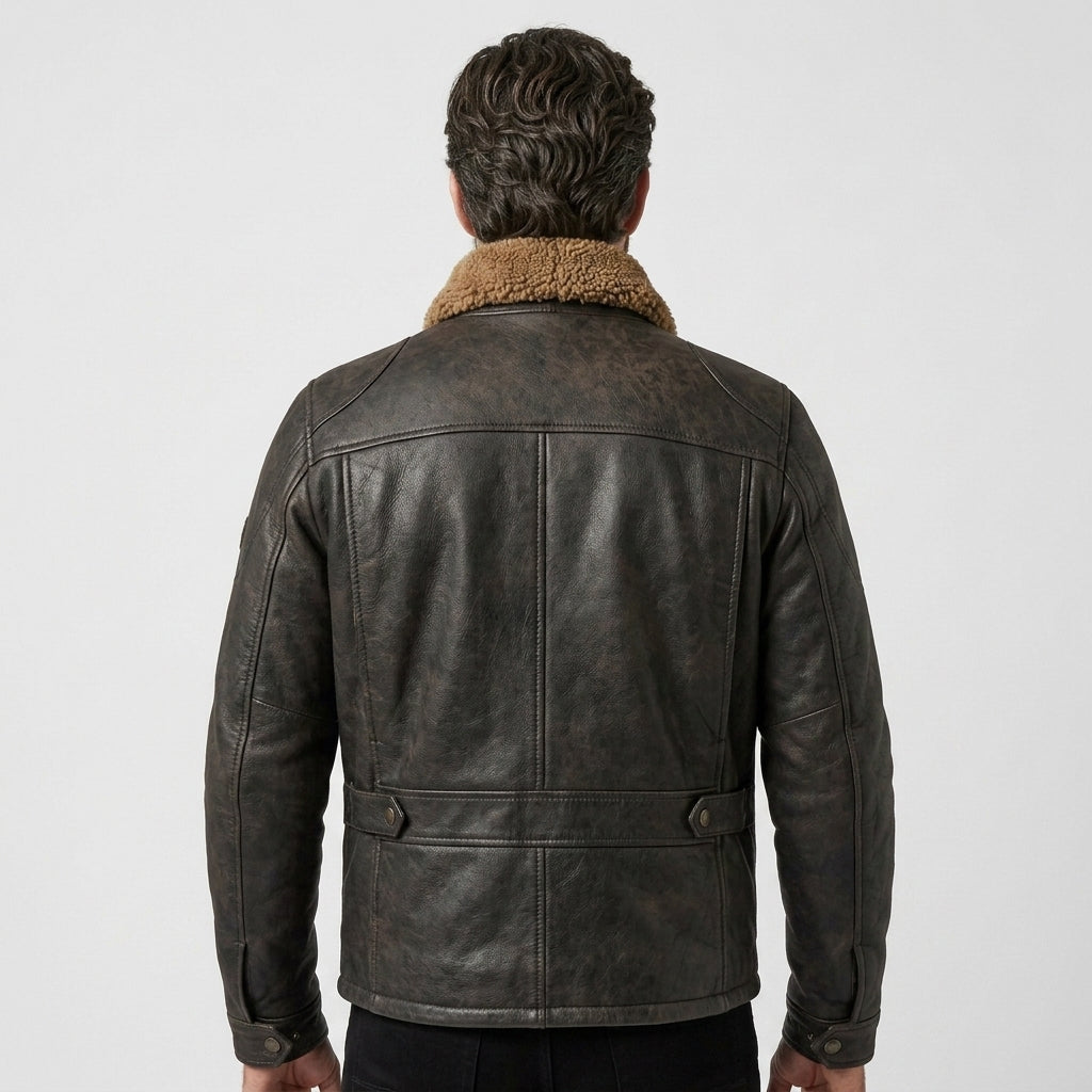 Men's Black Leather Flight Jacket Collar & Pockets