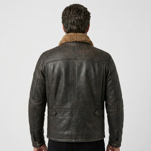 Men's Black Leather Flight Jacket Collar & Pockets