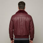 Men's Burgundy Leather Flight Jacket with Contrast Shearling Collar