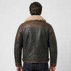 Men's Distressed Brown Leather-Trim Flight Jacket with Shearling Collar