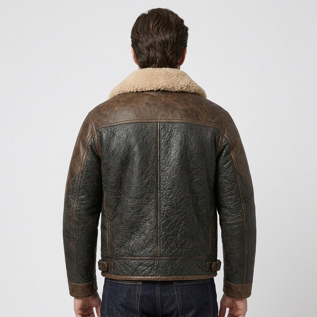 Men's Distressed Brown Leather-Trim Flight Jacket with Shearling Collar