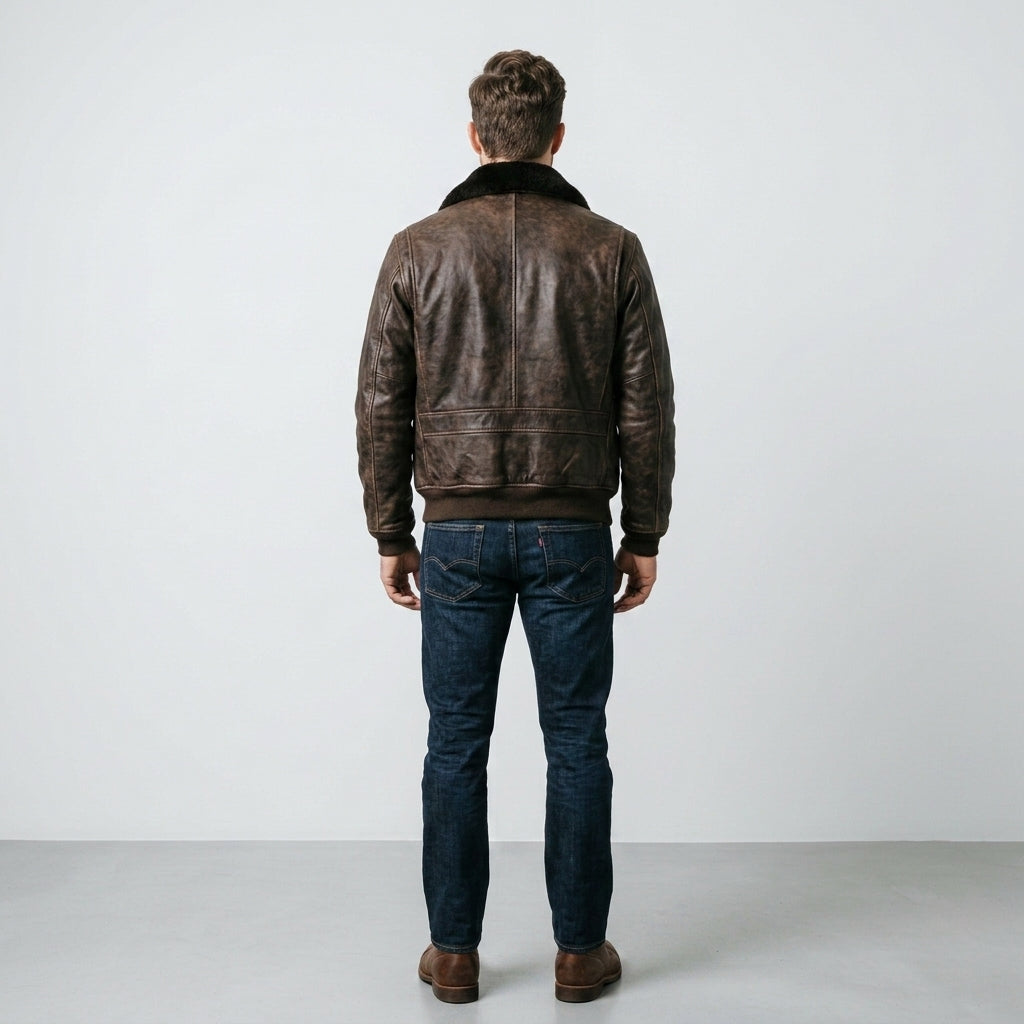 Men's Distressed Brown Leather Flight Jacket with Detachable Fur Collar
