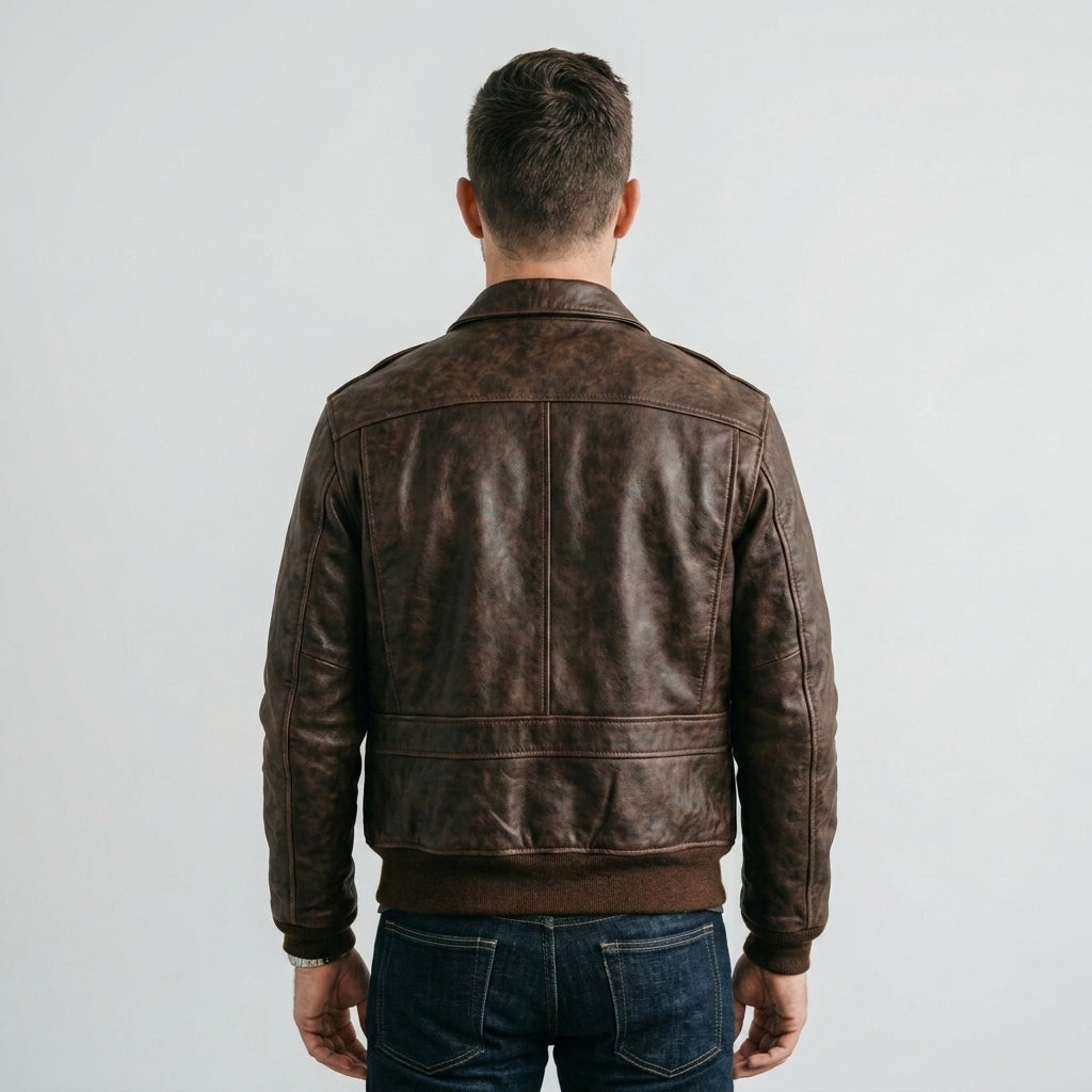 Men's Distressed Brown Leather Flight Jacket with Detachable Fur Collar