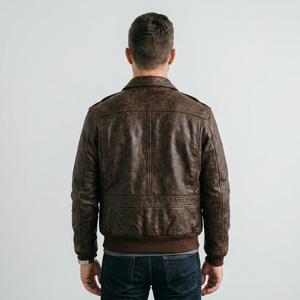 Men's Brown Leather Flight Jacket with Shearling Collar & Patches