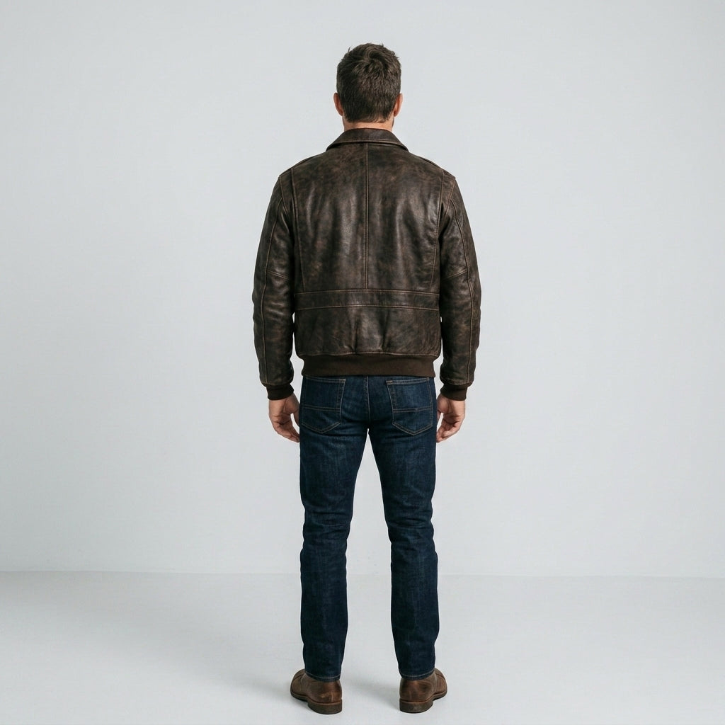 Men's Distressed Brown Leather Bomber Flight Jacket – Vintage Aviator Style
