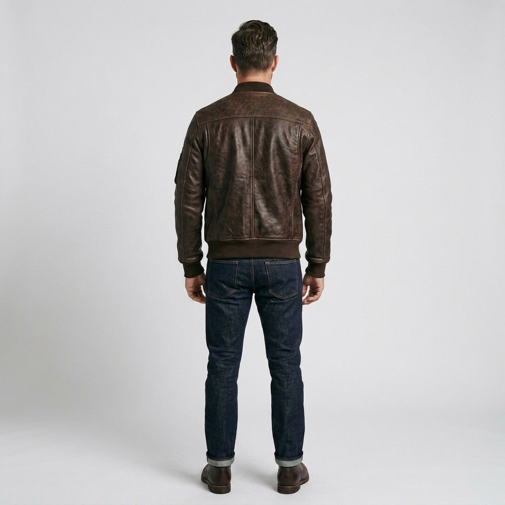 Men's Dark Brown Leather V Bomber Jacket – Classic Ribbed Aviator Style