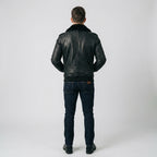 Men's Black Leather V Bomber Jacket – Shearling Collar Aviator Style