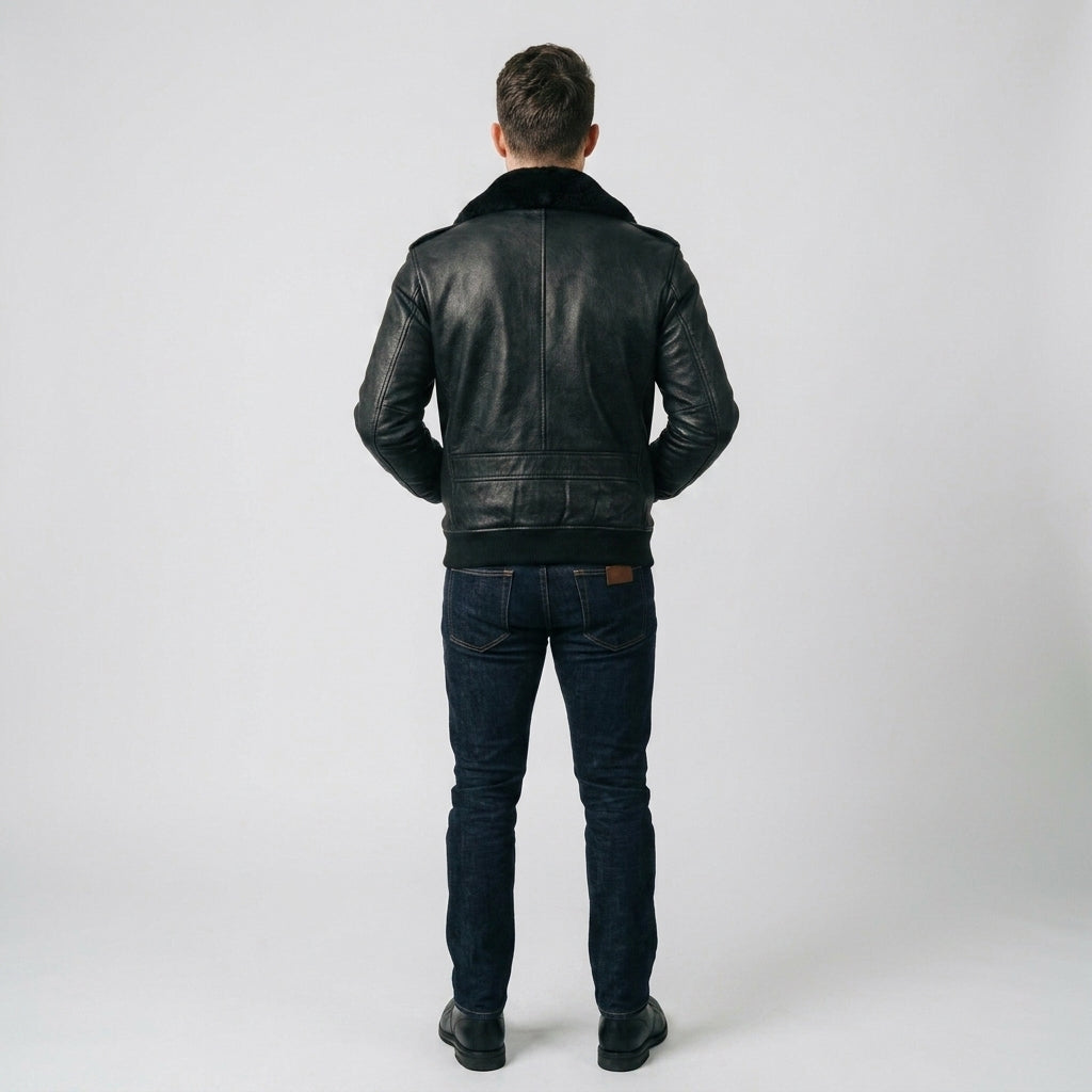 Men's Black Leather V Bomber Jacket – Shearling Collar Aviator Style