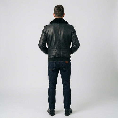 Men's Black Leather V Bomber Jacket – Shearling Collar Aviator Style