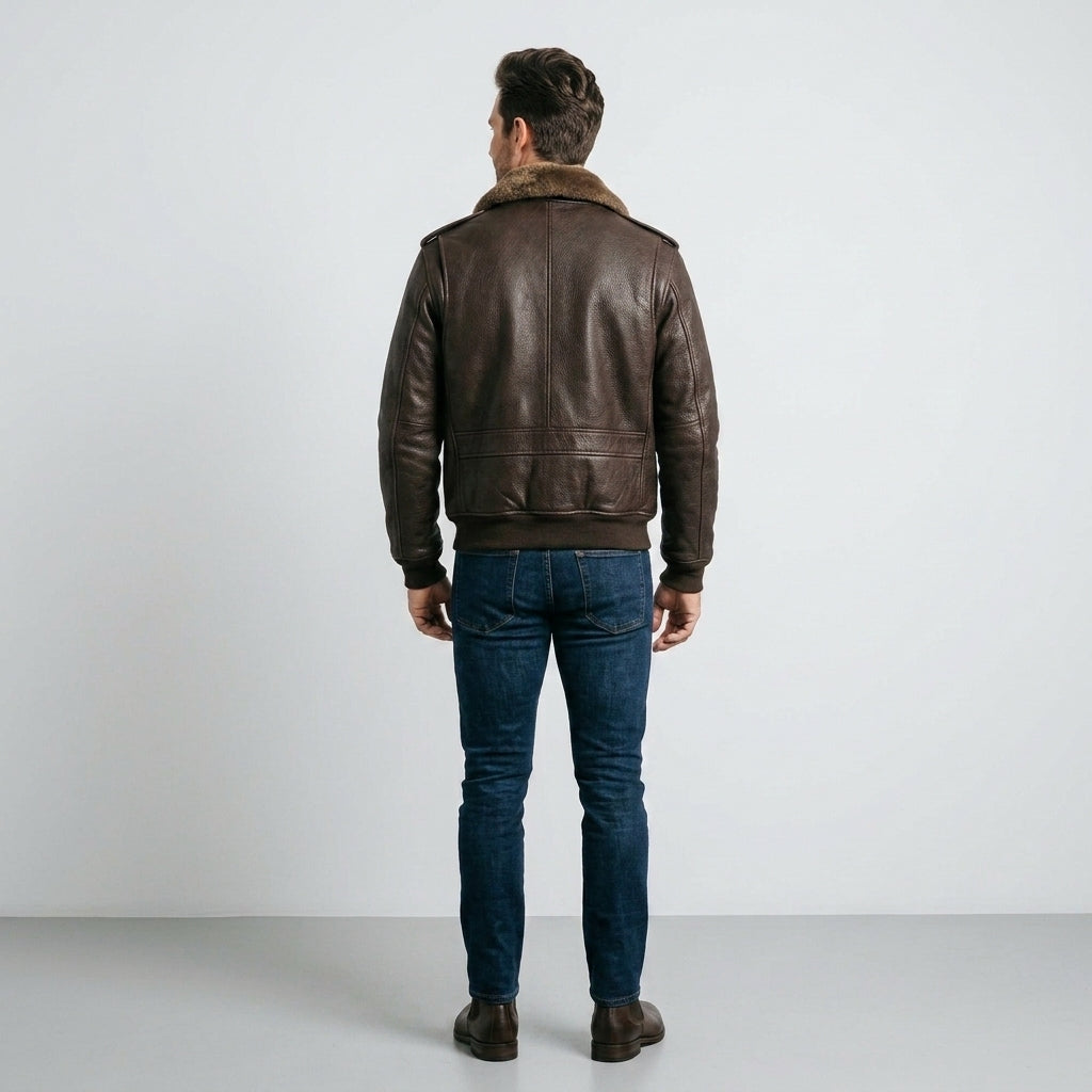 Men's Brown Leather V Bomber Jacket – Shearling Collar Flight Style