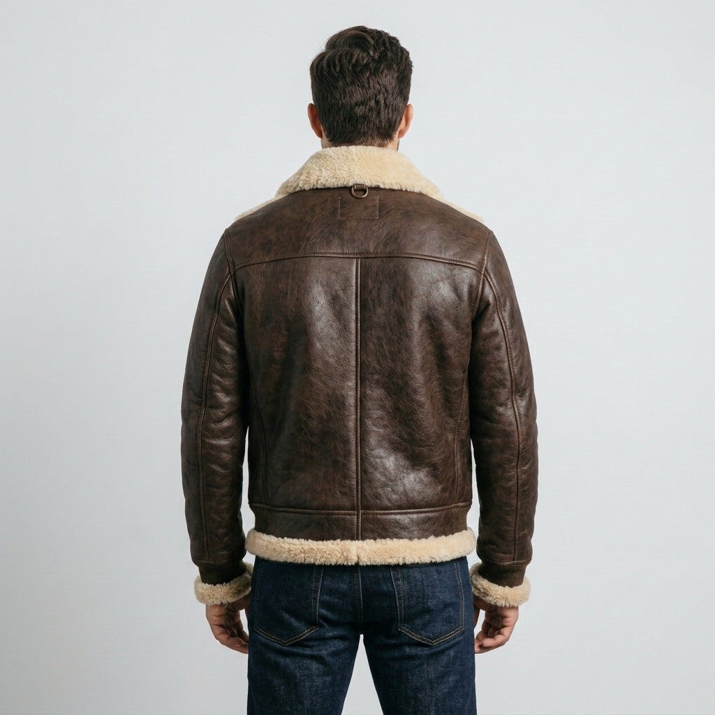 Men's B-V Brown Shearling Leather Bomber Jacket