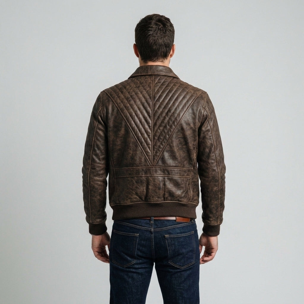 Men's Distressed V Brown Leather Bomber Jacket
