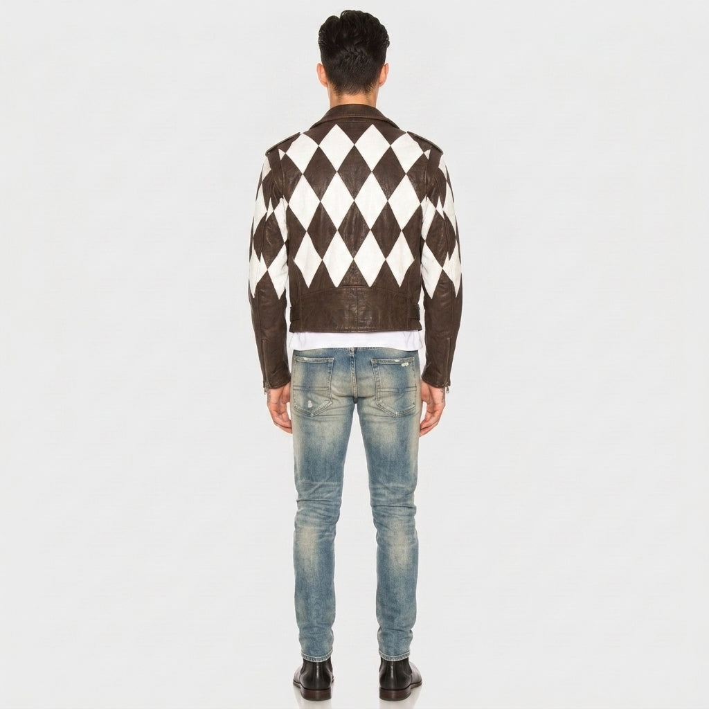 Men's Brown Lambskin Moto Jacket – White Diamond Color Block Leather Biker Jacket