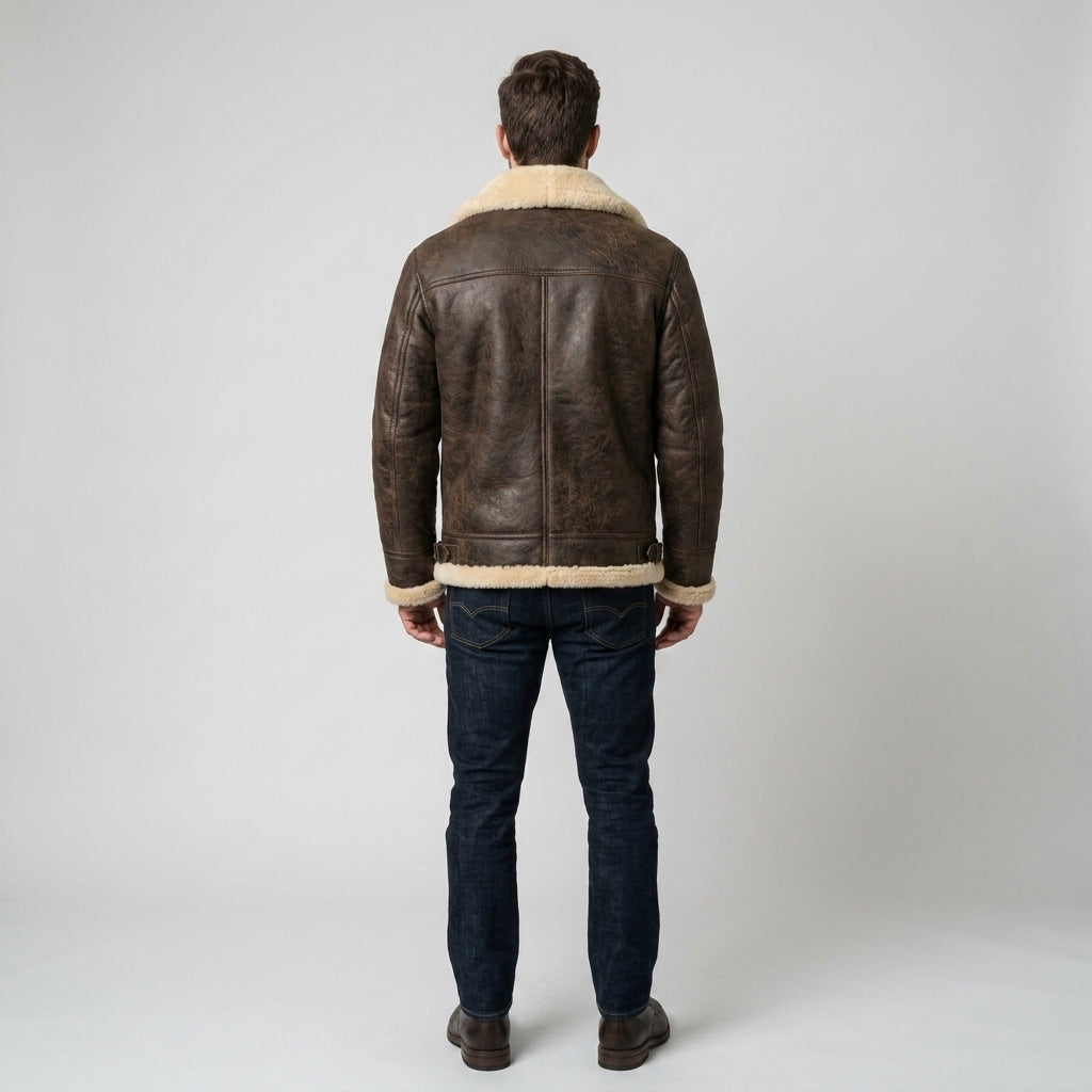Men's Brown Sheepskin Leather Jacket Classic Shearling Flight Jacket