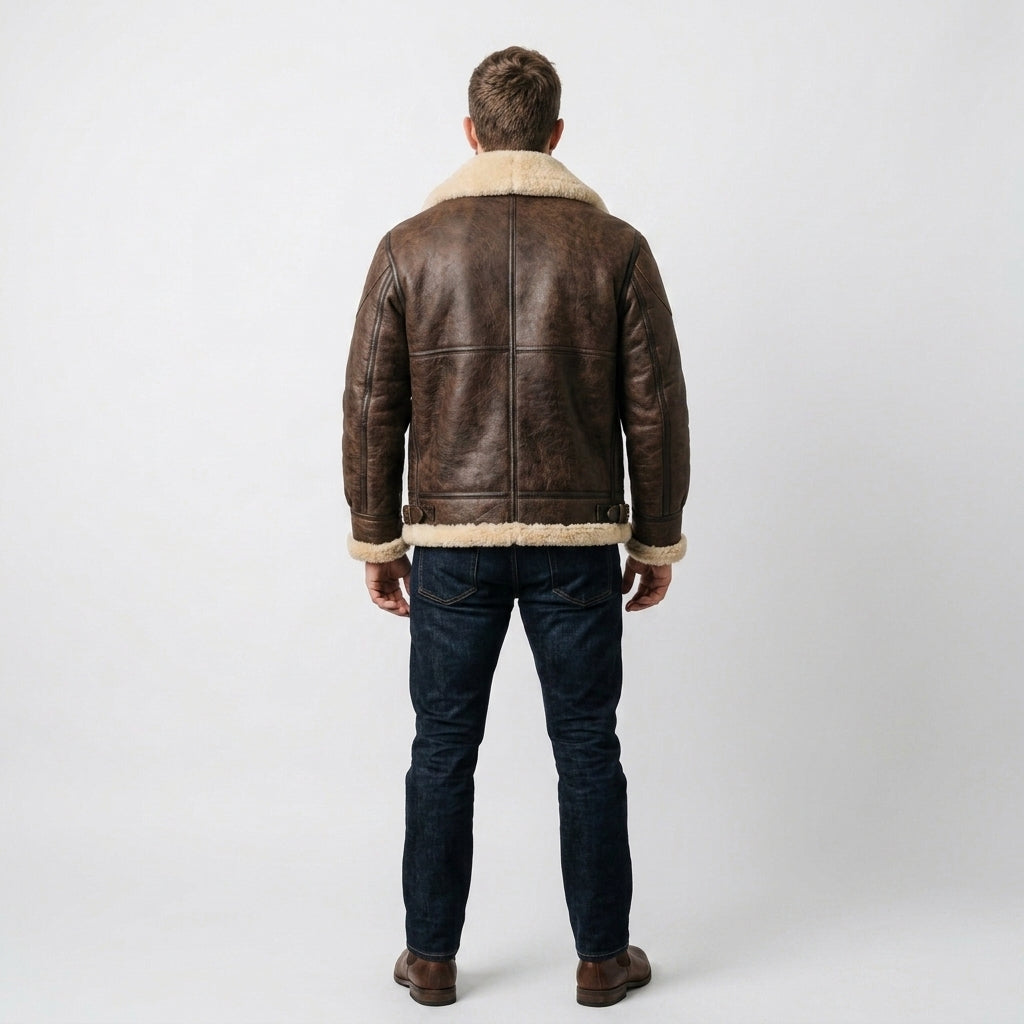 Men's Brown Sheepskin Leather Jacket Luxury Shearling Bomber Coat