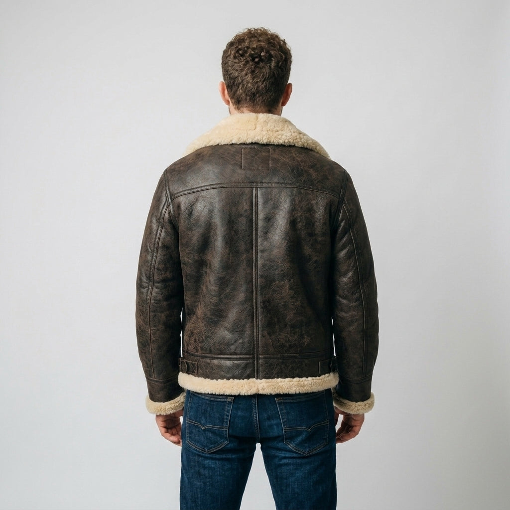 Men's Vintage Sheepskin Leather Jacket Classic Shearling Motorcycle Coat