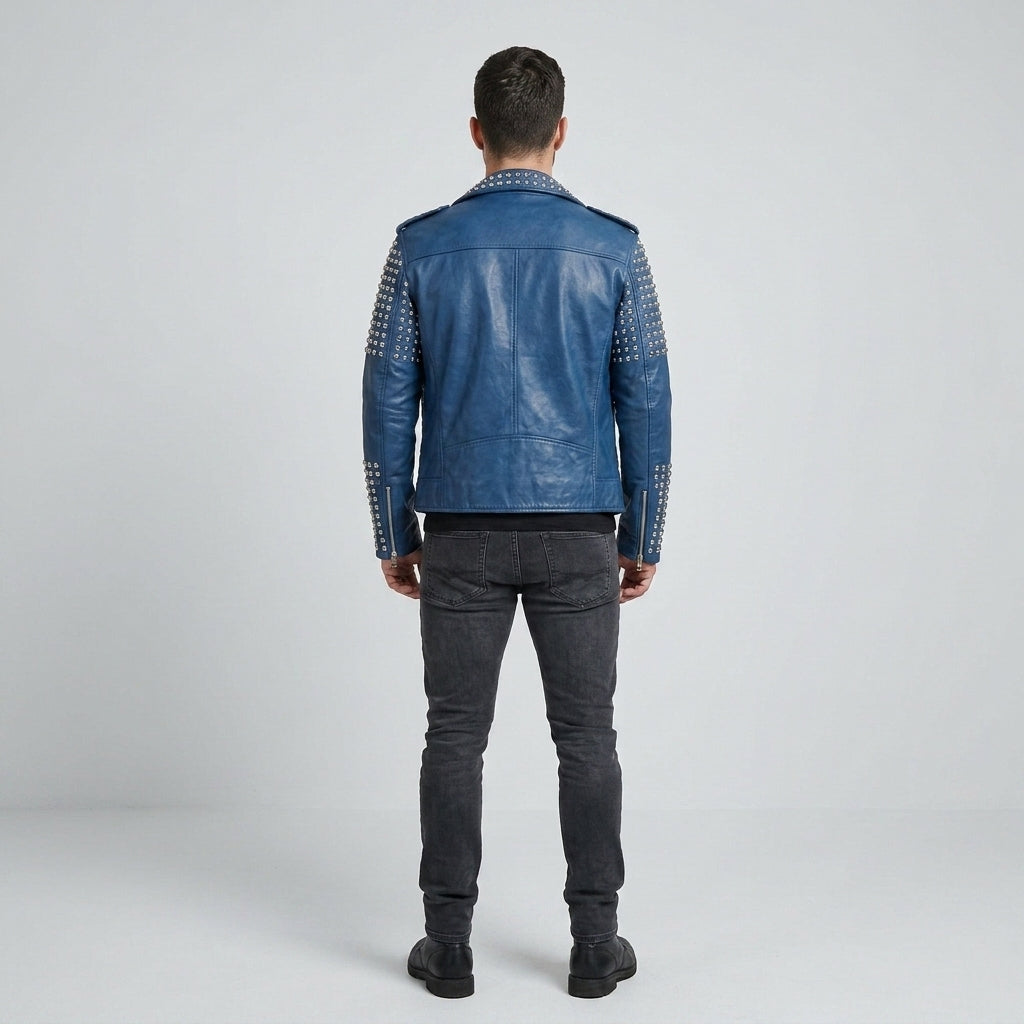 Men's Blue Studded Leather Jacket – Vintage Punk Moto Jacket