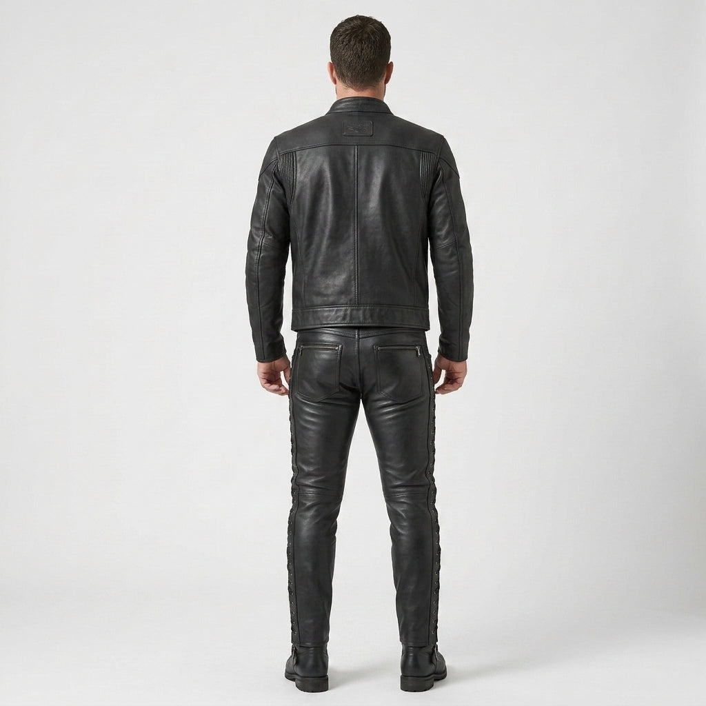 Men's Black Leather Pants Classic Motorcycle Riding Trousers