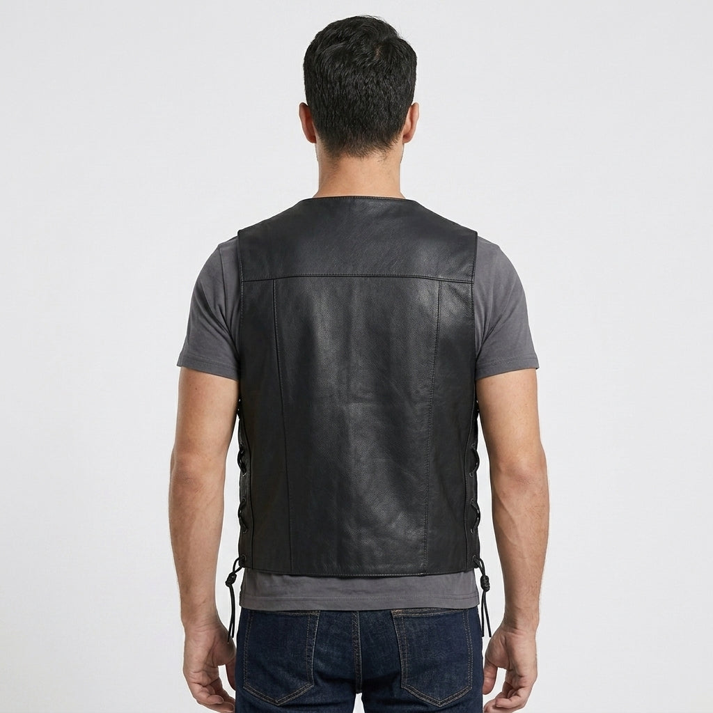 Men's Black Leather Vest Premium Motorcycle Riding Vest