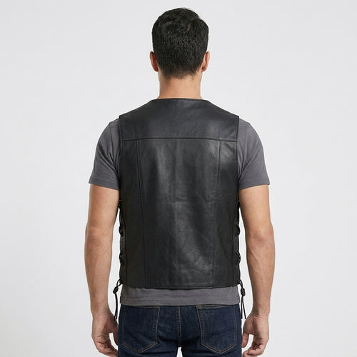 Men's Black Leather Vest Premium Motorcycle Riding Vest