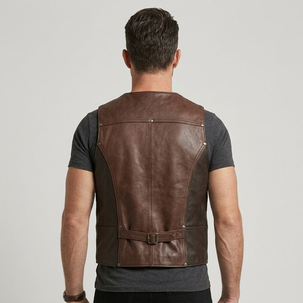 Men's Leather Biker Vest Genuine Cowhide Motorcycle Waistcoat