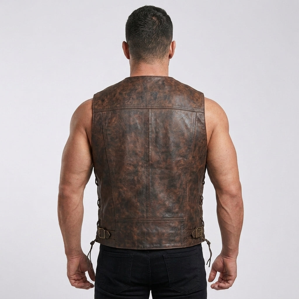 Men's Leather Motorcycle Vest Snap Front Biker Riding Vest